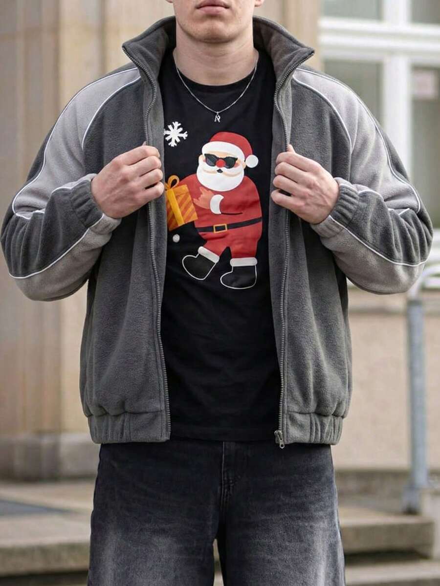 Chaqueta/abrigo casual holgado con cremallera, de manga larga, con estilo callejero, patchwork, contraste y rayas reflectantes, unisex, para otoño/invierno - Gris - Ver 1