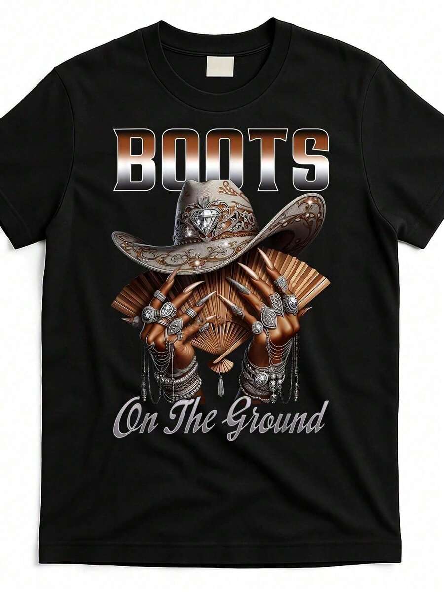 Western Cowboy Boots On The Ground Graphic Tee - 220GSM Heavyweight Cotton Short Sleeve T-Shirt With Embossed Boots And Stars Design, Unisex Casual Tee For Rodeo, Line Dancing, And Outdoor Events - 黑色 - 查看 1