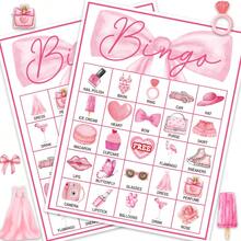 33 Pcs/1 Set, Pink Bow Party Bingo Game Set, 24 Player Cards (24 Different Patterns), 7 Marking Cards (70 Stickers), 1 Calling Card And 1 Game Instructions Card, Pink Theme Party Game, Perfect For Girl's Birthday Parties, BFF Gatherings - Multicolor - View 8