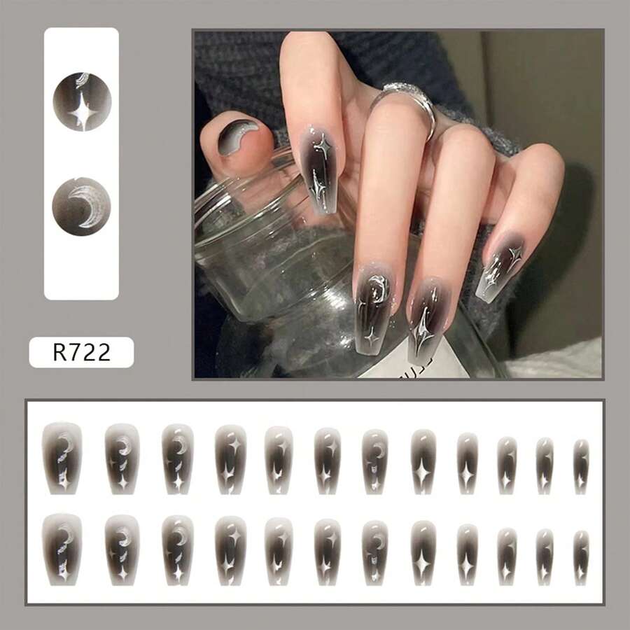 Dark Black Star & Moon Fake Nails  Pattern Fingernails For Daily Use - A356 果凍膠 - 查看 1