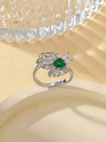 Gift Box Luxury Leaf-Shaped Emerald Ring, Shiny Cubic Zirconia Jewelry For Party And Banquet, Ideal Gift Choice For Holidays - Silver - View 16