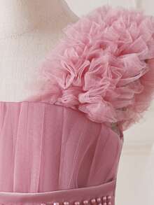 女童粗肩带褶皱网纱优雅生日派对礼服，适合花童、婚礼、毕业典礼、舞会等场合，不含头饰 - 藕粉色 - 查看 8
