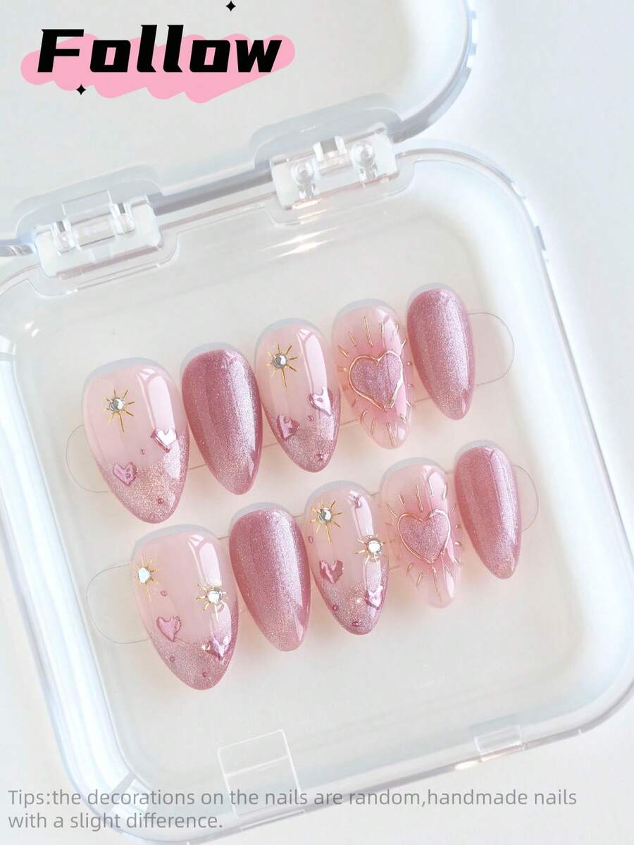 10片装短款杏仁形手工美甲贴纸，粉色、紫色，甜美风格，适用于猫眼、法式、渐变、可爱、爱心、金色、圣诞节、斋月美甲，是送给女性和女孩的理想礼物，包含美甲工具