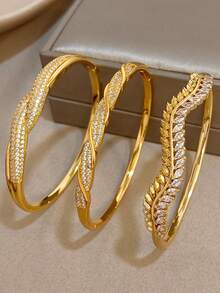 Set/1Pc Anti-Fading Vintage Zirconia Twisted Bangle Bracelet Gold Jewelry For Women,For Daily Party Birthday Valentine's Day, Boho/Wedding Accsesorie - Multicolor - View 2
