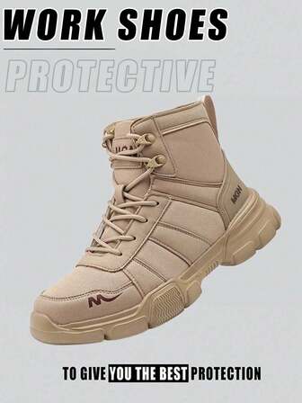 1 par de zapatos de trabajo con puntera de acero para hombres en color beige, botas protectoras con absorción de impactos, zapatos resistentes a la perforación y antideslizantes, de cuero PU ligero y suela de EVA duradera, botas de senderismo, zapatos de trabajo para hombres, zapatillas deportivas con puntera de acero, zapatos de entrenamiento