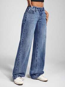 Quần jeans ống rộng có túi, dáng suông, đa năng, đơn giản dành cho nữ tuổi teen. - Rửa trung bình - Xem 4