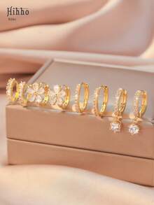 Hihho 8pcs/Set New Fashion Classic Floral Design Round Drop Earrings Paired With Elegant Single Row Zirconia Hoop Earrings, Sparkling Zirconia Embellished, Women Jewelry, Suitable For Daily Wear, Holiday Party Gifts - Yellow Gold - View 8