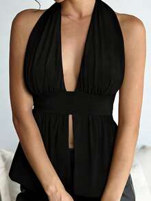 Womens Open Back Halter Tops Summer Fashionable Solid Color Split Front Going Out Vest - Black - View 2