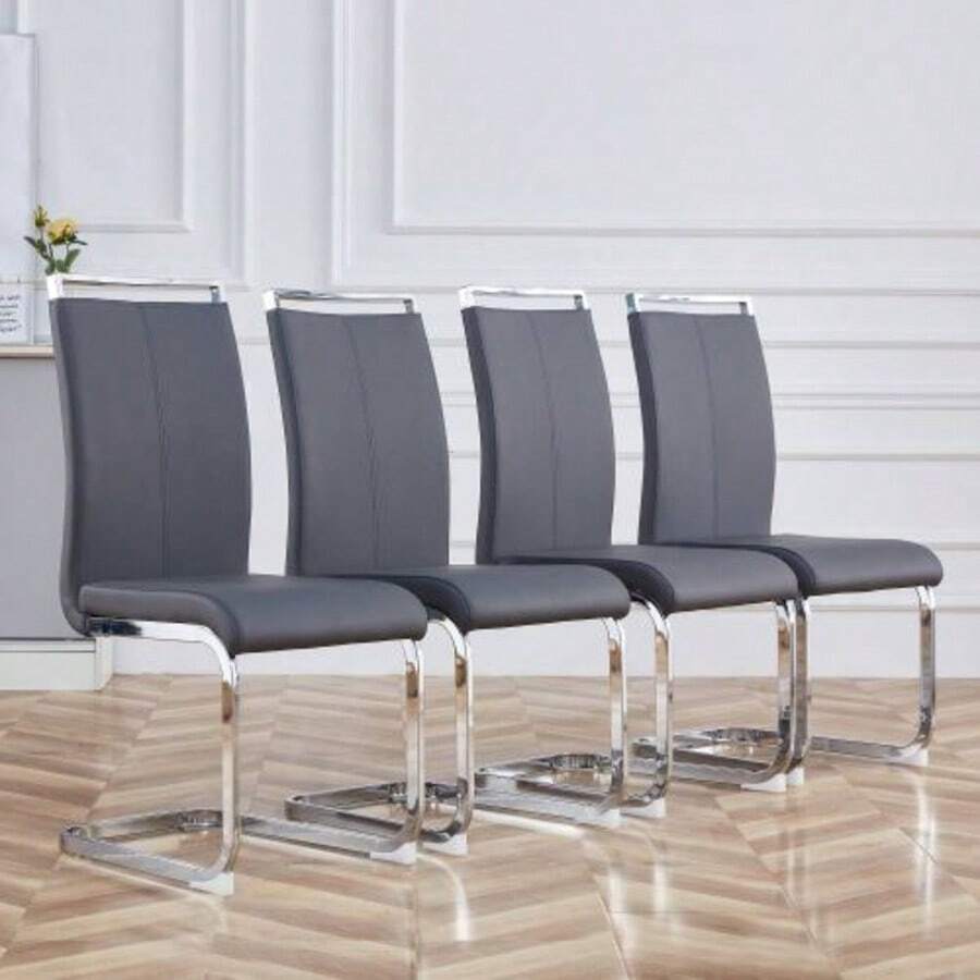 Cadeira Cantilever, Estrutura Metálica Cromada, Capacidade De Carga Até 120 Kg, Estofada Com Revestimento, Cinza (Conjunto De 4) - Cinza - Ver 1