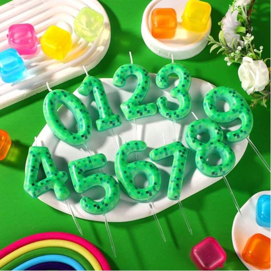 1pc Green Mosaic Checkered Pattern Digital Candles, Birthday Candle, Cake Baking Decoration, Celebrations And Anniversaries - Green - View 1