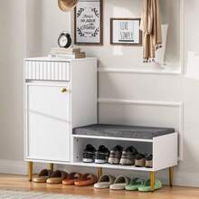 Moderner Schuhschrank Mit Sitzbank, 1 Tür, 1 Schubladen, 1 Offenen Ablagefächern, Gepolstert; White, Mass:100*35*82.2cm (B*T*H) - White - View 1
