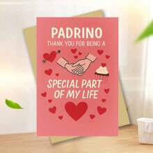 一张温馨感谢卡，含信封（11厘米 x 16厘米，4.33英寸 x 6.29英寸）——“教父，感谢您成为我生命中特别的一部分”，柔和的红色背景，配以握手、爱心和纸杯蛋糕图案，完美表达对教父的感激之情，情感贺卡 | 家庭贺卡 | 纸质贺卡