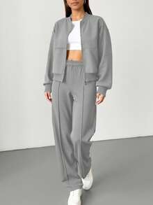 2 piezas Sudadera con capucha con cremallera de unicolor, informal, para mujer, para deportes, hogar, oficina, uso diario, primavera/otoño/invierno - Gris claro - Ver 5