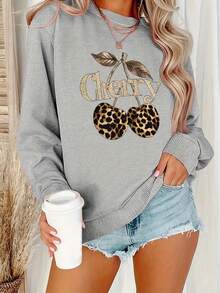 2026 New Year Cotton Sweatshirt Leopard Print Cherry Pattern Printed Sweatshirt, Women's Casual Long Sleeve Round Neck Autumn Winter Sweatshirt, Machine Washable Polyester, Plus Size Women's Clothing, Women's Sportswear Cheerleading Uniform Loose And Comfortable Winter Clothes For Women - 淺灰色 - 查看 12