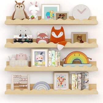 1 件装简约波浪形木质壁挂式置物架，适用于家庭、儿童房、客厅、婴儿房的悬浮式书架收纳