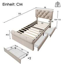 (=111297AAN) Single Upholstered Bed 90x200cm, Bed Frame With 2 Drawers And Height-Adjustable Headboard, Chesterfield Functional Bed, Natural, With Mattress - Beige - View 8