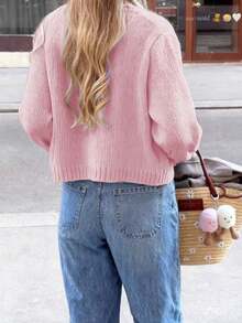 LUBI Women's Spring Autumn Winter Minimalist Button Long Sleeve Short Loose Solid Color Knit Cardigan, Gentle Casual Daily Commute - Hot Pink - View 4