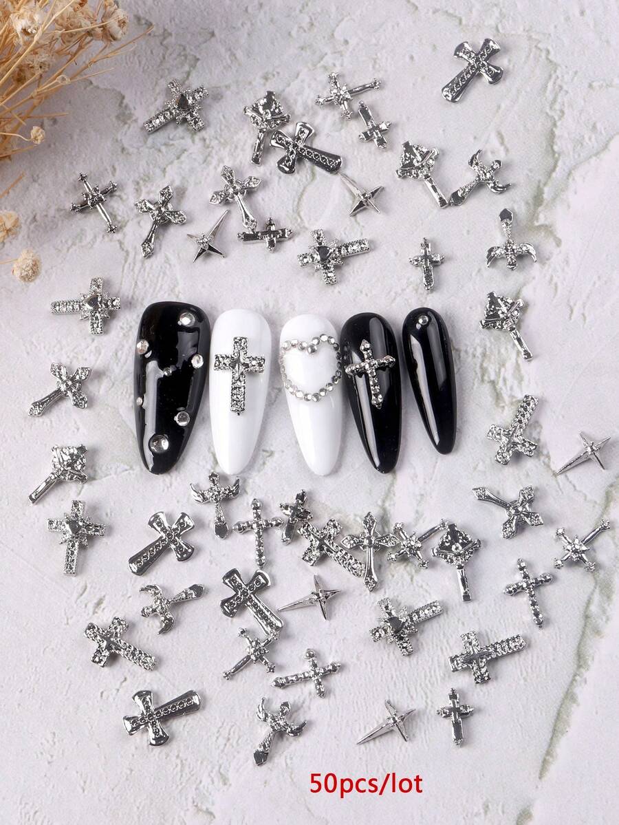 TSZS 50pcs Assorted Punk Cross Nail Art Decorations, Y2K Gothic Style Alloy Nail Art Accessories, Random Mix Nails - Grey - View 1