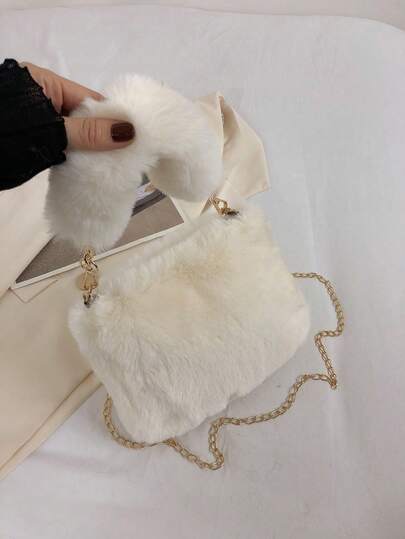New Girls' Mini Square Bag, Fashionable Chain Strap Plush Crossbody Bag, Korean Style Autumn/Winter Mini Square Bag, Perfect Gift For Girls On Valentine's Day Or New Year