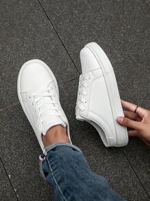 Men's Versatile Casual All-White Leather Lace-Up Sport Shoes, Fashion Walking Slip-On Design, Easy To Wear And Take Off - White - View 10