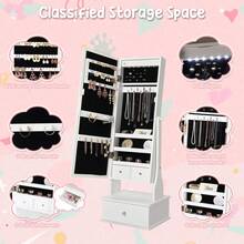 Joyero infantil con espejo LED de cuerpo entero, tocador de princesa independiente con cajones y organizador de joyas, armario de madera con luces para niñas, ideal para cumpleaños. - Blanco - Ver 4