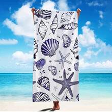 1条贝壳和海星图案沙滩巾，速干、柔软、吸水性强的涤纶材质，现代设计 - 藍白色 - 查看 8