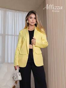 Max Blazer Tailored Luxury Casual Basic Social Sport Elegant Slim Fit Fitted New Release Simple Fabric Faux Pockets Blazer Evening Holiday Wedding Office Daily Birthday Party Formal And Evening Travel Stage And Concert Airport Wear All - 黃色 - 查看 2