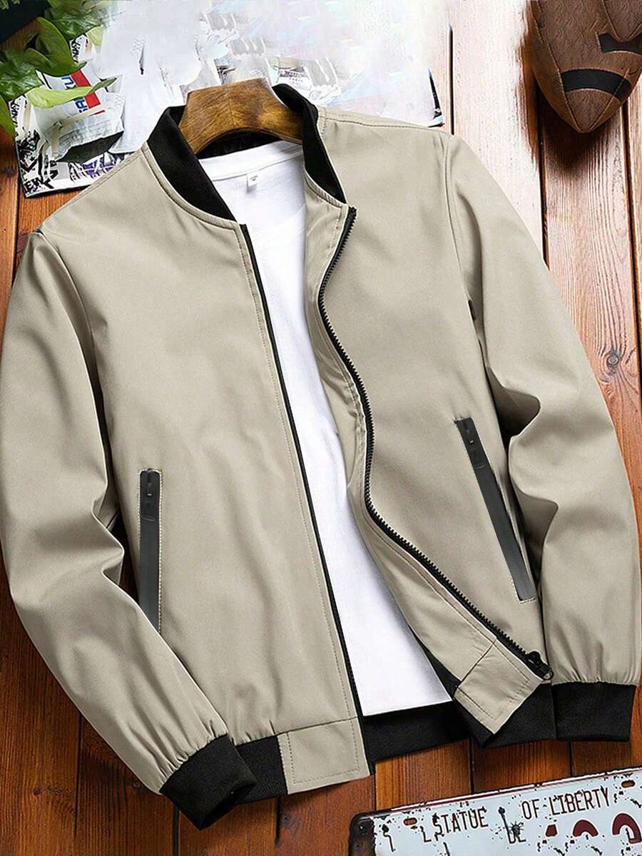 Men's Comfortable Collared Jacket - Soft Solid Color, Zip Closure, Long Sleeve, Business Style, Suitable For Outdoor Activities And Casual Wear, Versatile And Breathable - Khaki - View 1