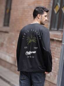 春秋必备！美式加州海滩风男士长袖T恤，圣巴巴拉棕榈树图案，休闲轻薄，适合叠穿。 - 黑色 - 查看 3