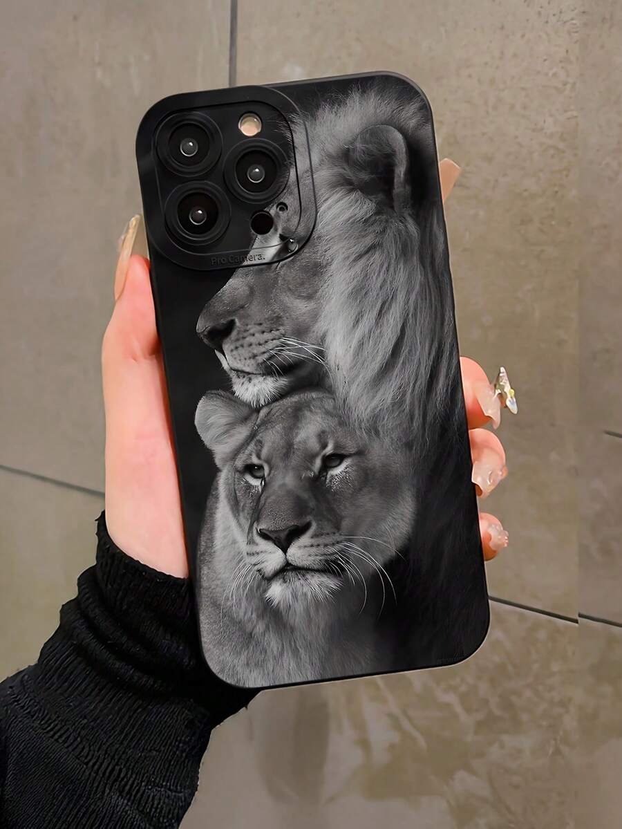 Fierce Animals 1pc Black & White Lion Theme 2D Printed Fashionable Personalized Soft Phone Case, Suitable As Gift For Girlfriend, Best Friend, Wife, Couples, Aunt, Boss, Sister, Couple, Classmate, Teacher, Birthday, Holiday - Compatible With IPhone And Models - Black - View 1