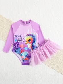 女童卡通海马印花长袖拉链防晒衣配网纱裙套装，女童连体泳衣，沙滩派对，度假泳装 - 淡紫色 - 查看 6