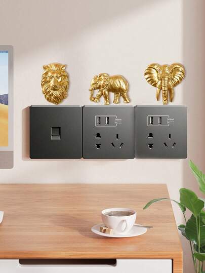 1pc Resin Gold Elephant Head, Lion Head Switch Decor Sticker, Modern Resin Material Home Decor Switch Sticker, Suitable For Living Room, Bedroom, Study Room Wall Decor
