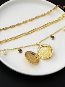三层圆形可打开照片吊坠项链，波西米亚独特设计女士项链 - 金黃色 - 查看 4