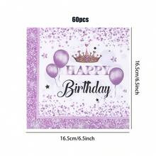 20/40/60pcs, Purple Glitter Happy Birthday Party Napkins, 6.5*6.5 Inches, Double Layer White And Purple Glitter Design With Crown And Balloons For 50th, 70th, 80th Birthday Celebrations, Purple Birthday Theme Disposable Tissue,Drink Dessert Cocktail Napkins Birthday Party Supplies - Purple - View 9