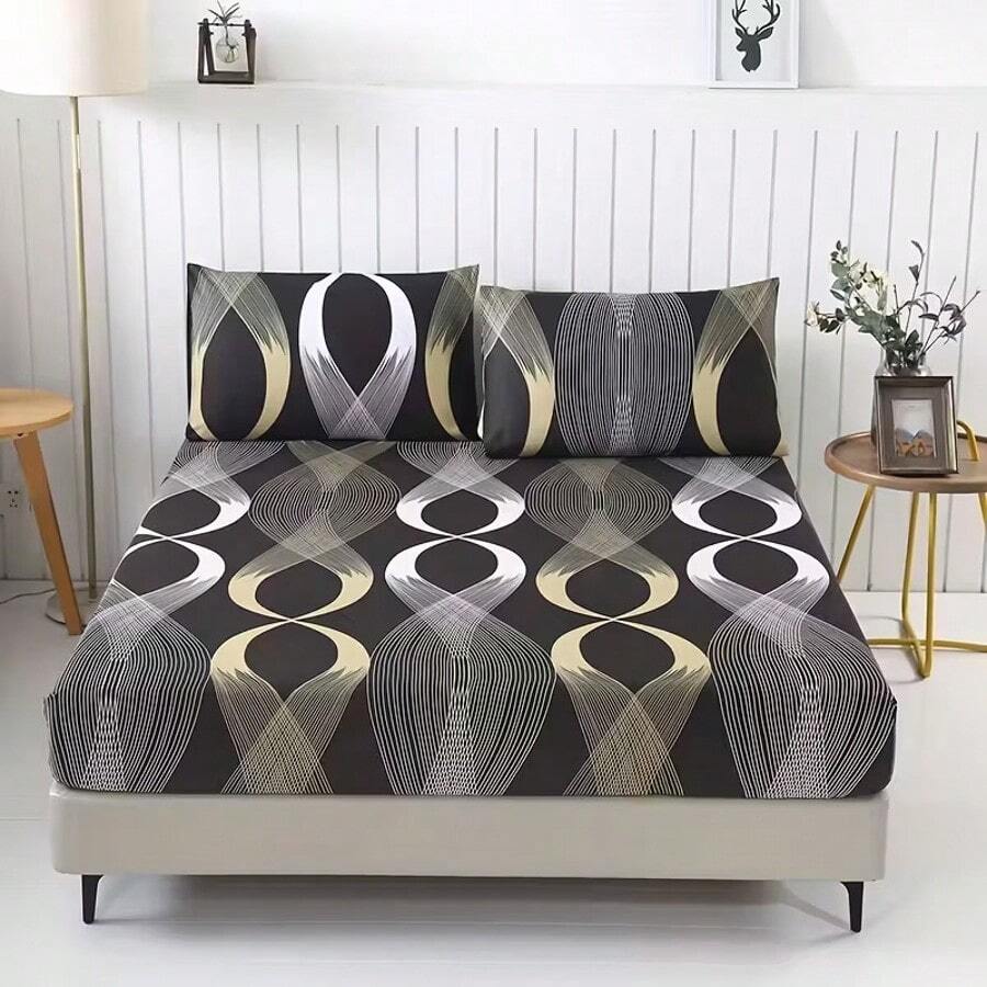 3-delars set av högkvalitativ fleece, mjukt och hudvänligt, blommigt geometriskt mönster, digitaltryck, heminredning, hotelltillbehör, 1 st. dra-på-lakan + 2 st. örngott (exklusive fyllning)