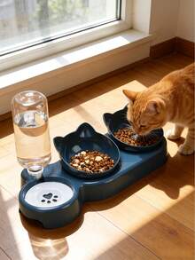 Pet Bowls With Water Feeder,1pc 3-In-1 Double Bowl Set And Automatic Water Dispenser Bottle To Keep Your Pet Hydrated And Full!, 3 In 1 Ear Design Tilted Cat Water And Food Bowl Set With Gravity Water Bottle For Neck Protection