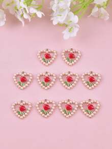 10pcs/Set Heart Faux Pearl Rose Flower Heart Charms DIY Pendant Earring Necklace Keychain Holiday Birthday Jewelry Design Making - Multicolor - View 5