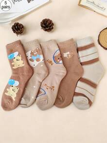 5 Pairs Of Women's Mid Length Socks With Cartoon Teddy Bear Pattern, Thickened Velvet, Suitable For Autumn And Winter, Home Sleep, Outdoor Activities, And Sports Youth (18-40 Years Old) - Multicolor - View 10