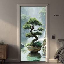 Adhesivo de pared de árbol bonsái y cascada minimalista - Papel tapiz extraíble y autoadhesivo, decoración de jardín zen japonés tradicional/moderno/contemporáneo, adecuado para oficina en casa, arte de pared de paisaje interior, con escena de montaña neblinosa y cascada, fácil de despegar y pegar, decoración de habitación, adhesivo de pared japonés, imagen de pared, póster de dormitorio, decoración de pared del hogar, decoración de dormitorio, póster de pared - Multicolor - Ver 2