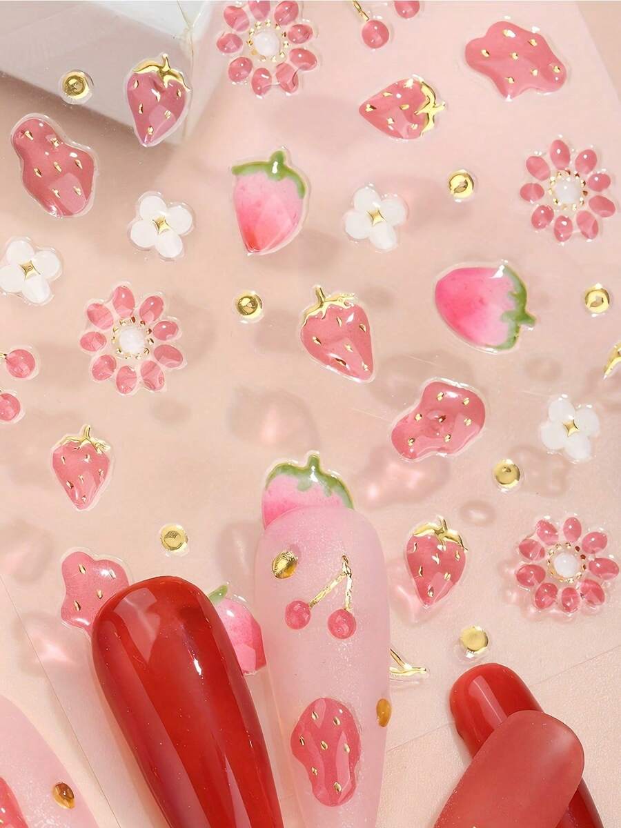2pcs 5D 3D Nail Art Stickers - Cute Cartoon Strawberry Cherry Fruit & Floral Designs With Golden Polka Dots, Self-Adhesive Glossy Resin Decals For Women S DIY Manicure Pedicure, Daily Nail Decor, Nail Stickers, Pedicure Accessories, Shiny Finish - Nhiều màu - Xem 1