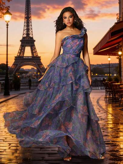  VIPGIRL Romantic Floral Chiffon One-Shoulder Ruffle Formal Dress - Purple Floral Print Formal Gown, Suitable For Balls And Galas