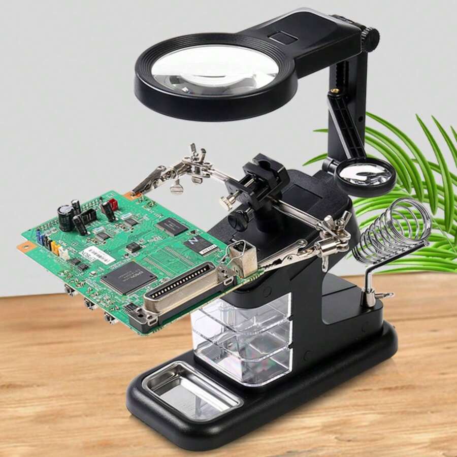 Estación de soldadura con lupa y luz LED de 3X/4,5X/25X, soporte para lupa con pinza auxiliar y pinzas de cocodrilo. - Negro - Ver 1