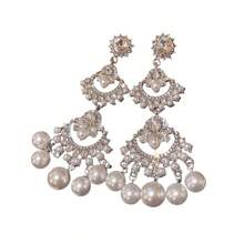 1 Pair French Luxury  Inlaid Imitation Pearl Tassel Earrings Creative Fashion Light Luxury Palace Style Large And Small Fan-Shaped Splicing Design Women's Earrings Suitable For Women's Weddings Banquets Parties - Bạc - Xem 7