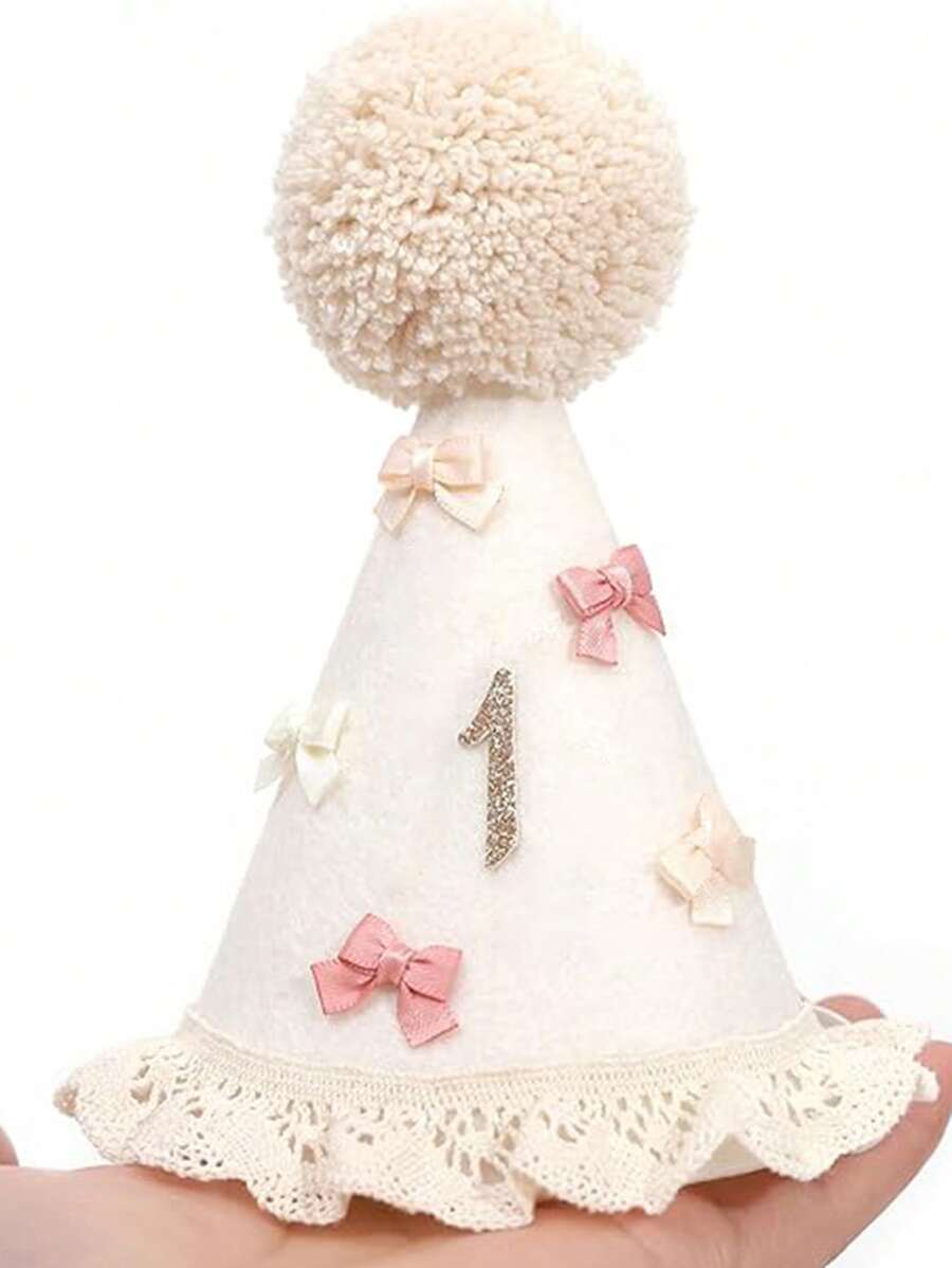 1顶婴儿周岁生日帽,蝴蝶结和绒球蕾丝花边发箍,适合派对装扮和拍照道具,男女宝宝均适用 - 彩色 - 查看 1