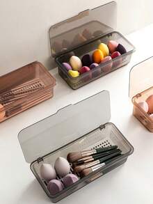 Brodark Rectangular Transparent Makeup Brush Holder With Cover, Dust-Proof Vanity Organizer For Makeup Sponge And Brushes, Large Capacity