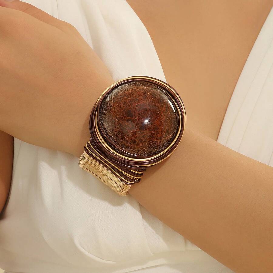 Handmade Heavy Industry Bead Weaving, Winding, Aluminum Wire Stretching, Plastic Resin, Mibo, West Asia, Middle East, Banquet Vacation, Fashionable Retro Popular Bracelet - Coffee - View 1