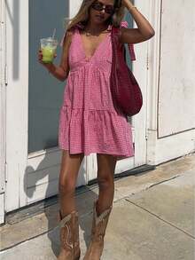 Women Y2k Plaid Mini Dress Spaghetti Strap Sleeveless A Line Beach Sundress Gingham Babydoll Dress - 紅色 - 查看 1