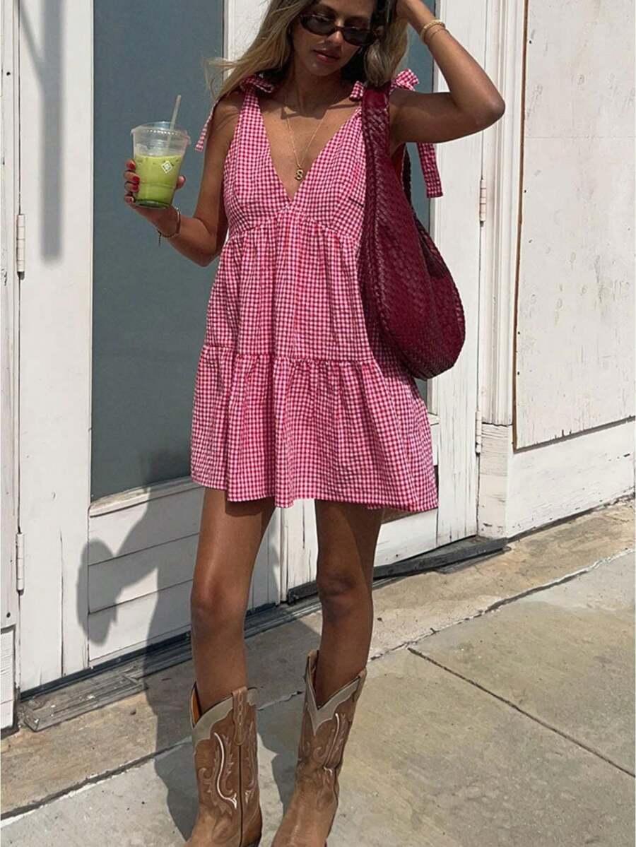 Women Y2k Plaid Mini Dress Spaghetti Strap Sleeveless A Line Beach Sundress Gingham Babydoll Dress - 紅色 - 查看 1