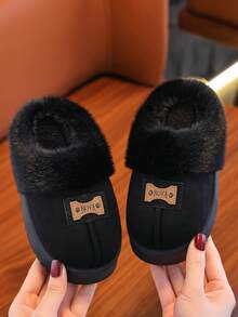 儿童拖鞋 新款秋冬简约设计 男童室内家居保暖毛绒拖鞋 时尚女童加厚蓬松拖鞋 - 黑色 - 查看 3