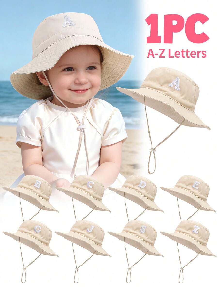 1 chiếc mũ tai bèo dễ thương cho bé - Mũ vành rộng chống nắng với các chữ cái thêu từ A-Z, dây đeo cằm có thể điều chỉnh, thích hợp cho bãi biển và các hoạt động ngoài trời hàng ngày. - Màu be - Chữ vá - Xem 1